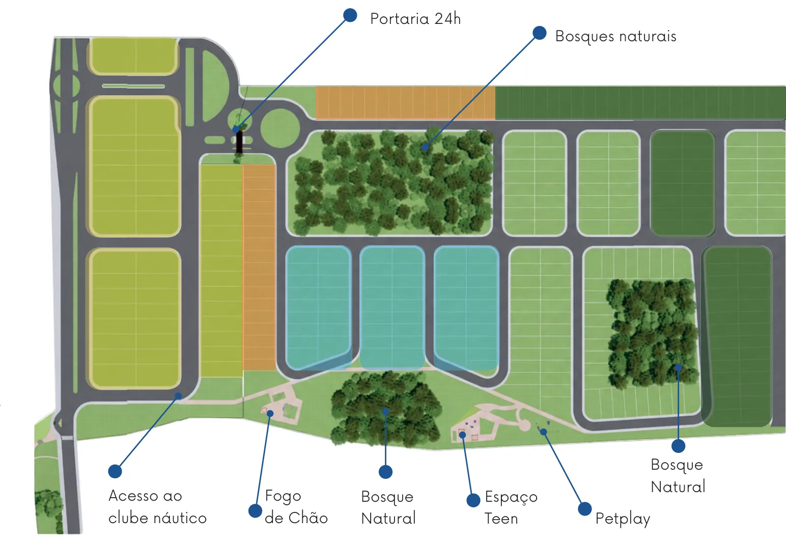 Mapa de setores do Jardim América: Mirante, Reserva, Bosque e Dinâmico